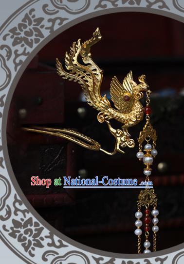 China Traditional Ming Dynasty Wedding Hair Accessories Ancient Empress Golden Phoenix Tassel Hairpin