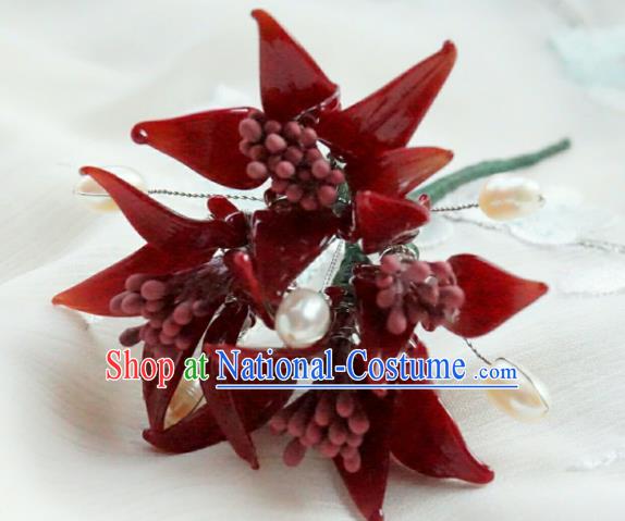 China Classical Hanfu Red Spider Lily Hairpin Traditional Ming Dynasty Flowers Hair Stick