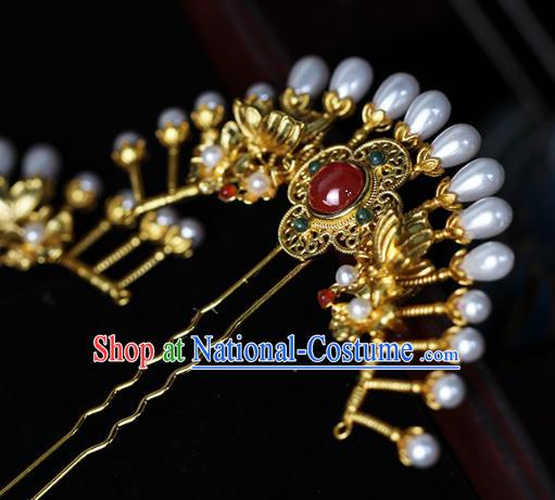 China Ancient Empress Pearls Hairpin Traditional Ming Dynasty Court Queen Golden Butterfly Hair Stick