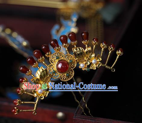 China Ancient Empress Pearls Golden Hairpin Traditional Ming Dynasty Court Queen Agate Hair Stick