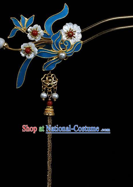 China Ancient Empress Shell Plum Hairpin Traditional Ming Dynasty Court Queen Blueing Orchids Tassel Hair Stick