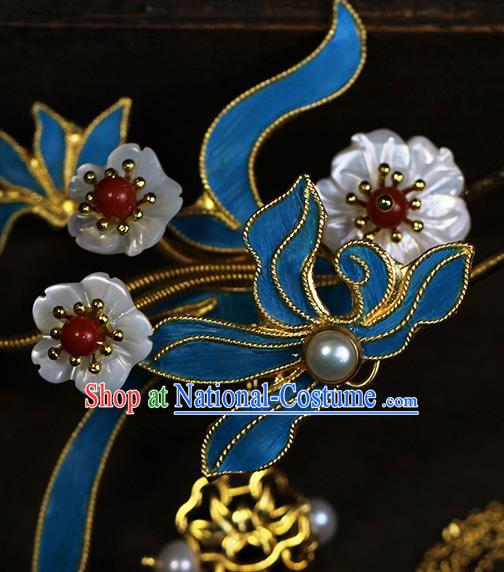 China Ancient Empress Shell Plum Hairpin Traditional Ming Dynasty Court Queen Blueing Orchids Tassel Hair Stick