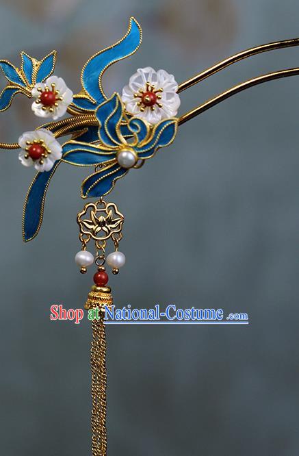 China Ancient Empress Shell Plum Hairpin Traditional Ming Dynasty Court Queen Blueing Orchids Tassel Hair Stick