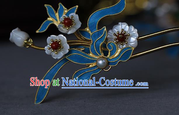 China Ancient Empress Shell Plum Hairpin Traditional Ming Dynasty Court Queen Blueing Orchids Tassel Hair Stick