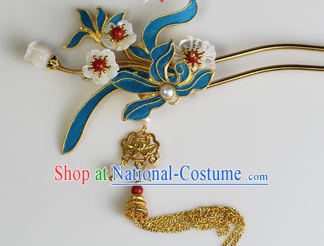 China Ancient Empress Shell Plum Hairpin Traditional Ming Dynasty Court Queen Blueing Orchids Tassel Hair Stick