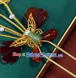 China Ancient Princess Agate Hairpin Traditional Ming Dynasty Golden Butterfly Hair Stick