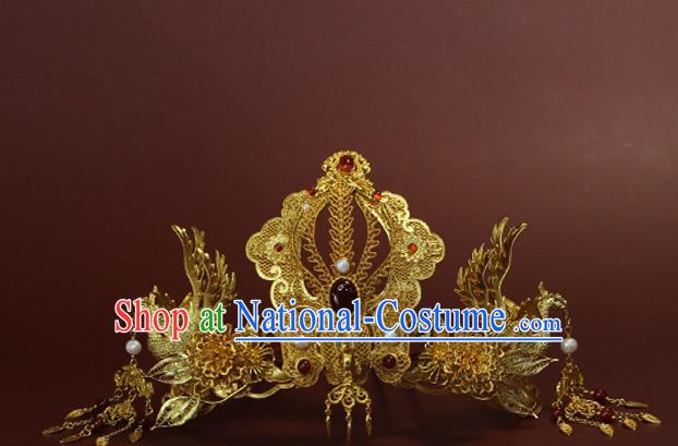 China Ancient Empress Hairpin Traditional Ming Dynasty Wedding Golden Phoenix Hair Crown