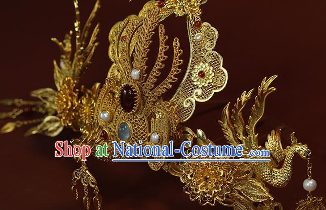 China Ancient Empress Hairpin Traditional Ming Dynasty Wedding Golden Phoenix Hair Crown