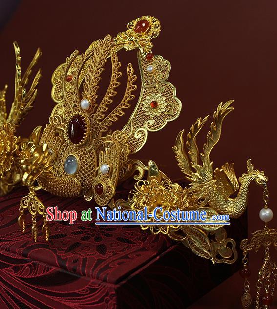 China Ancient Empress Hairpin Traditional Ming Dynasty Wedding Golden Phoenix Hair Crown