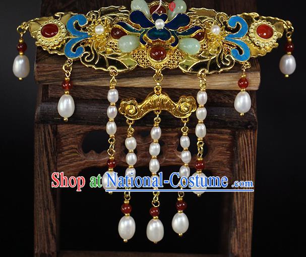 China Ancient Empress Pearls Tassel Hairpin Traditional Qing Dynasty Court Blueing Peony Hair Crown