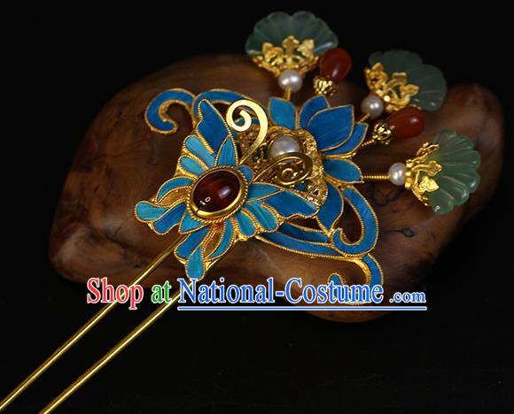 China Traditional Qing Dynasty Agate Butterfly Hair Stick Ancient Empress Pearls Hairpin