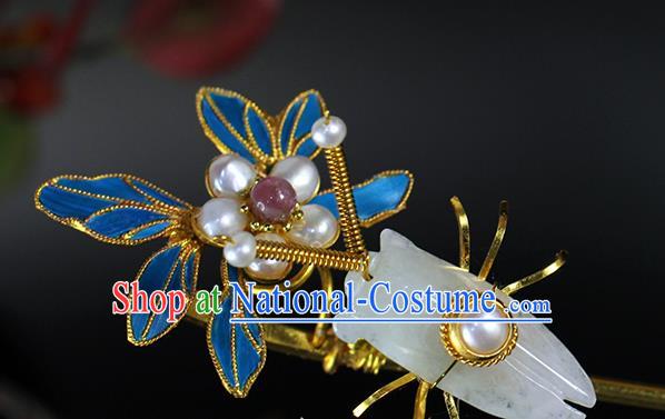 China Traditional Qing Dynasty Jade Cicada Hair Stick Ancient Empress Pearls Orchid Hairpin