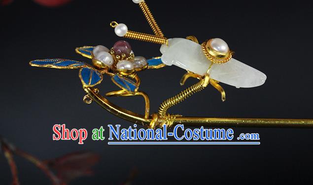 China Traditional Qing Dynasty Jade Cicada Hair Stick Ancient Empress Pearls Orchid Hairpin