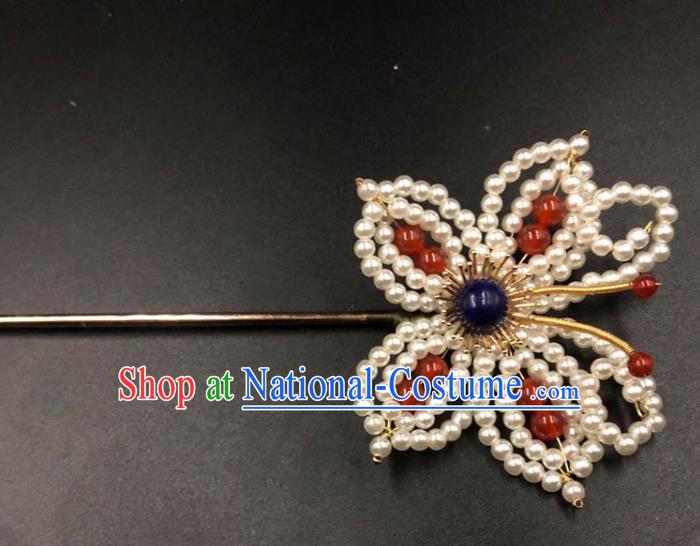 China Ming Dynasty Pearls Butterfly Hair Accessories Traditional Hanfu Hairpin Ancient Princess Hair Stick