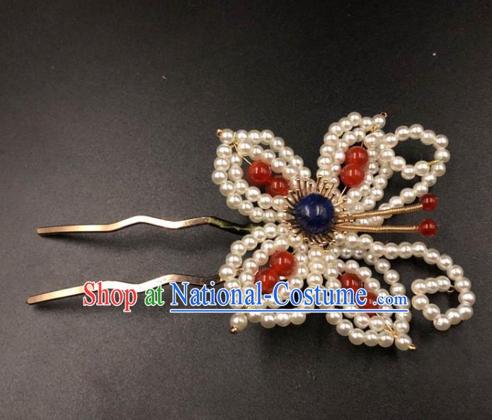 China Ming Dynasty Hairpin Traditional Hanfu Hair Accessories Ancient Princess Pearls Butterfly Hair Stick