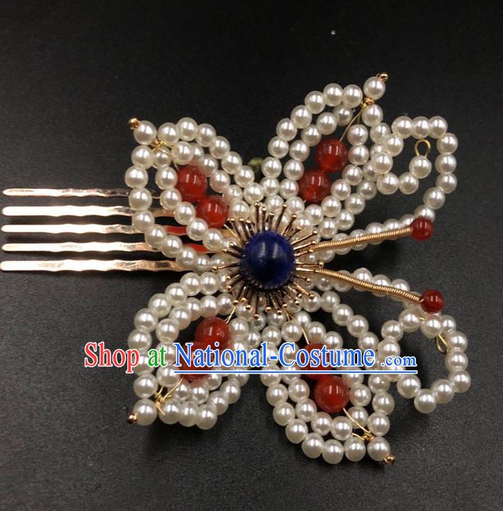 China Traditional Hanfu Hair Accessories Ming Dynasty Hairpin Ancient Princess Pearls Butterfly Hair Comb