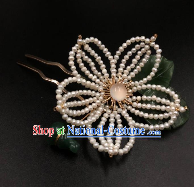 China Ming Dynasty Jade Gourd Hairpin Traditional Hanfu Hair Accessories Ancient Princess Pearls Lotus Hair Stick