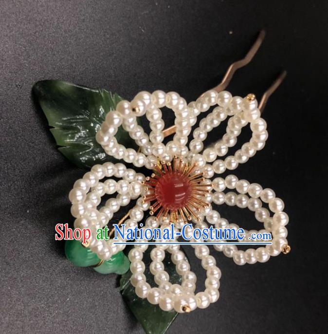 China Ancient Princess Pearls Lotus Hair Stick Traditional Hanfu Hair Accessories Ming Dynasty Jade Gourd Hairpin