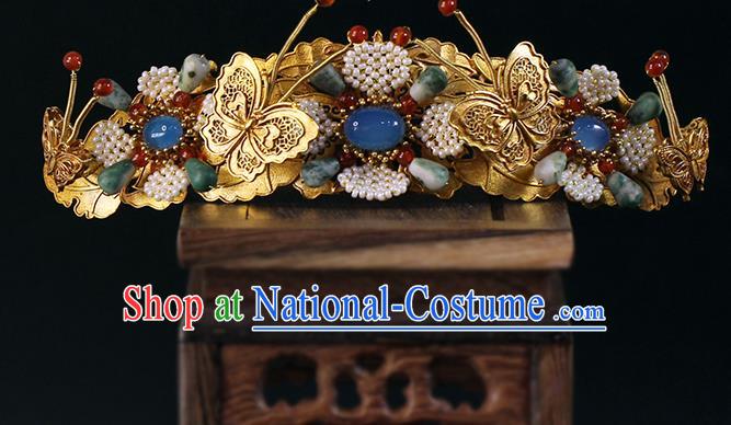 China Traditional Ming Dynasty Golden Butterfly Hair Crown Ancient Empress Gems Hairpin