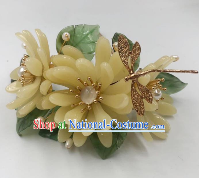 China Ancient Princess Yellow Chrysanthemum Hair Stick Traditional Hanfu Hair Accessories Ming Dynasty Dragonfly Hairpin