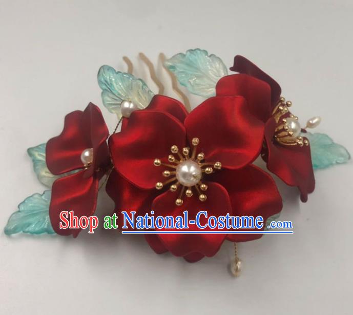 China Ancient Princess Hair Comb Traditional Hanfu Hair Accessories Ming Dynasty Red Flowers Hairpin