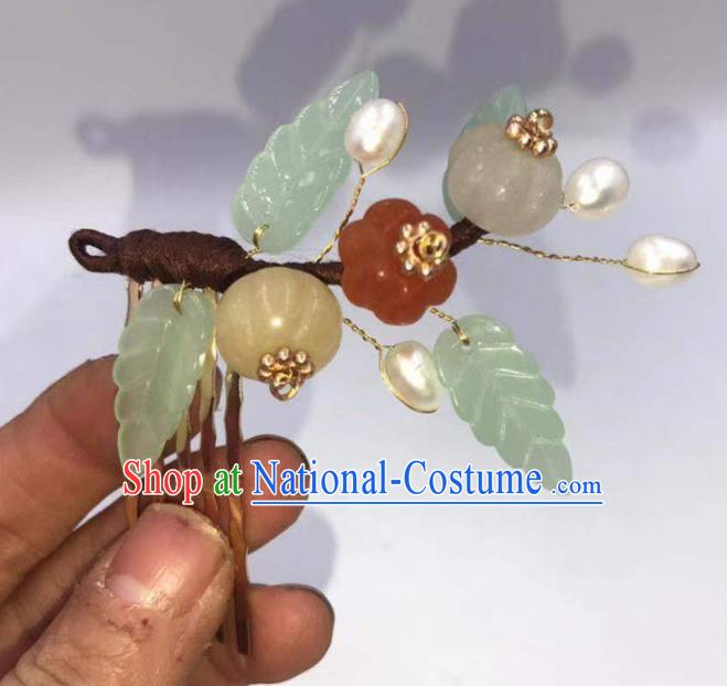 China Ming Dynasty Jade Pumpkin Hairpin Traditional Hanfu Hair Accessories Ancient Princess Hair Comb