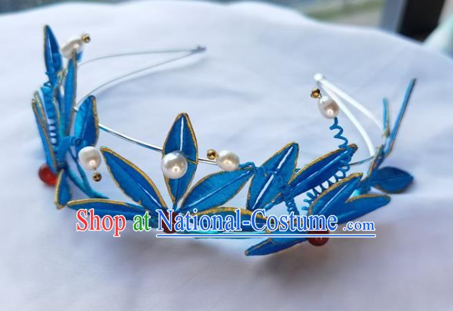 China Ming Dynasty Hairpin Traditional Hanfu Hair Accessories Ancient Princess Blue Silk Bamboo Leaf Hair Crown