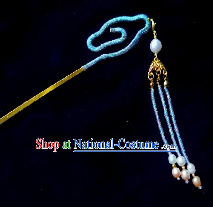 China Ming Dynasty Pearls Tassel Hairpin Traditional Hanfu Hair Accessories Ancient Princess Blue Cloud Hair Stick