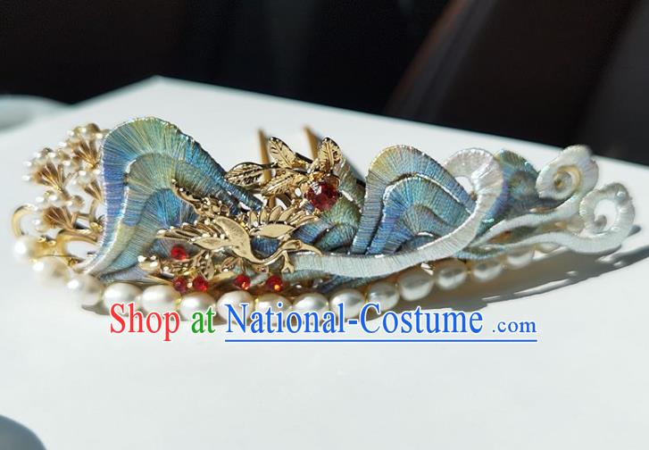 China Ming Dynasty Blue Silk Hairpin Traditional Hanfu Hair Accessories Ancient Princess Pearls Hair Crown