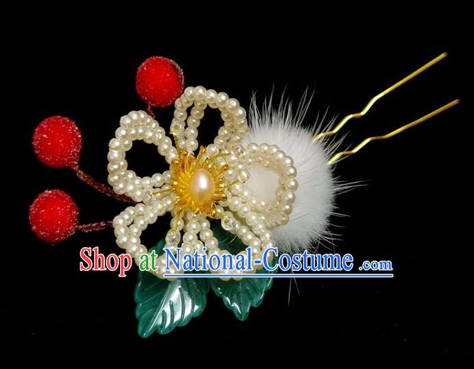 China Ming Dynasty Red Berry Hairpin Traditional Hanfu Hair Accessories Ancient Princess Pearls Plum Hair Stick