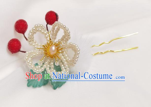 China Ming Dynasty Red Berry Hairpin Traditional Hanfu Hair Accessories Ancient Princess Pearls Plum Hair Stick