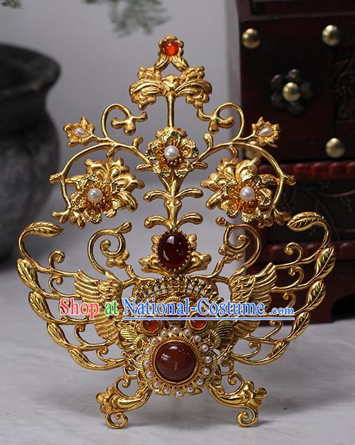 China Ancient Empress Golden Phoenix Hairpin Traditional Ming Dynasty Queen Agate Pearls Hair Crown