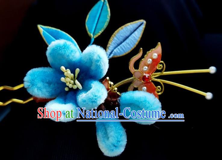 China Ming Dynasty Blue Velvet Plum Hairpin Traditional Hanfu Hair Accessories Ancient Princess Butterfly Hair Stick