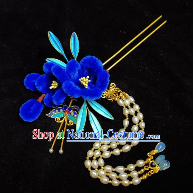 China Ming Dynasty Pearls Tassel Hairpin Traditional Hanfu Hair Accessories Ancient Princess Blue Velvet Plum Hair Stick