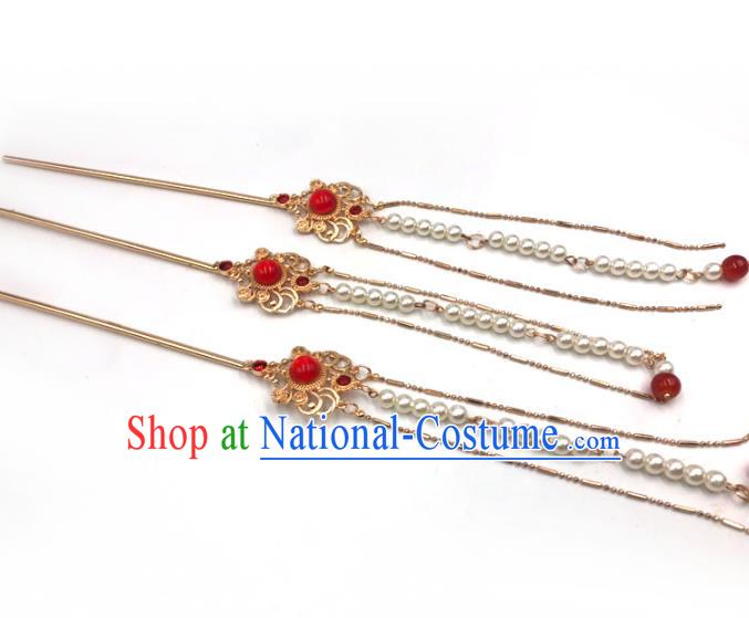 China Ancient Princess Pearls Tassel Hair Stick Traditional Hanfu Hair Accessories Ming Dynasty Golden Hairpin