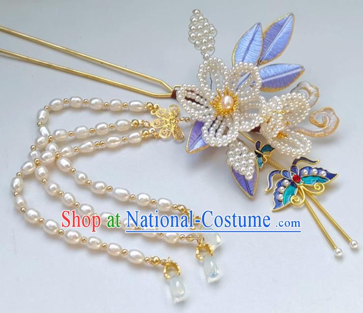 China Ming Dynasty Blueing Butterfly Hairpin Traditional Hanfu Hair Accessories Ancient Princess Pearls Tassel Hair Stick