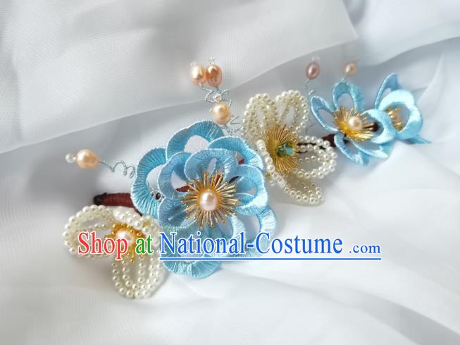 China Ming Dynasty Pearls Hairpin Traditional Hanfu Hair Accessories Ancient Princess Blue Silk Flowers Hair Stick