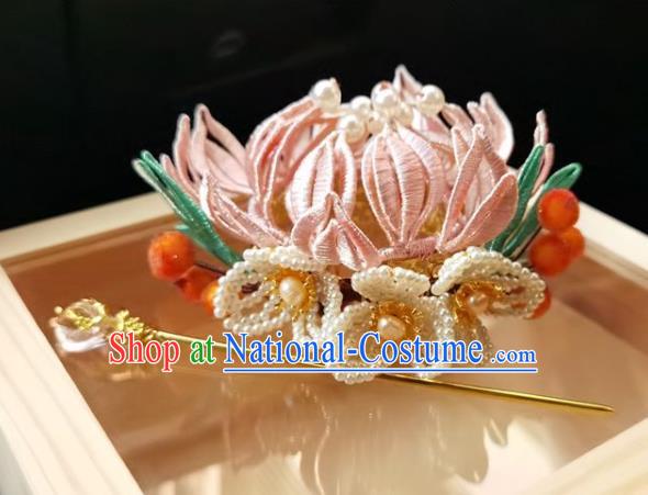 China Ming Dynasty Hairpin Traditional Hanfu Hair Accessories Ancient Princess Pink Silk Lotus Hair Crown