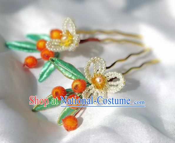 China Ming Dynasty Orange Berry Hairpin Traditional Hanfu Hair Accessories Ancient Princess Pearls Hair Stick