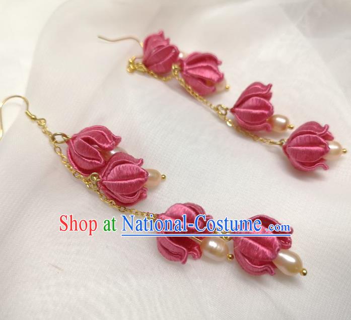 Handmade China Ancient Hanfu Rosy Silk Flowers Ear Accessories Ming Dynasty Princess Pearls Earrings