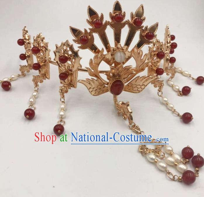 China Ancient Princess Golden Phoenix Hair Crown Traditional Hanfu Hair Accessories Ming Dynasty Tassel Hairpin