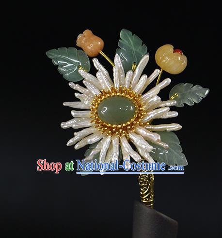 China Traditional Qing Dynasty Pearls Chrysanthemum Hairpin Ancient Queen Ceregat Hair Stick