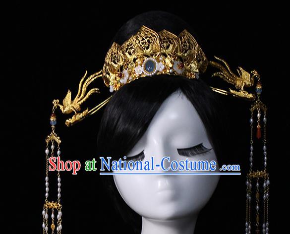 China Traditional Wedding Golden Lotus Hair Crown and Phoenix Hairpins Ancient Queen Hair Accessories