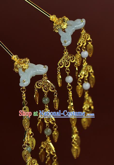 China Ancient Palace Lady Golden Tassel Hairpin Traditional Ming Dynasty Court Jade Hair Accessories