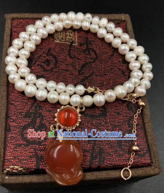 Chinese Traditional Agate Fox Necklace Classical Cheongsam Pearls Accessories