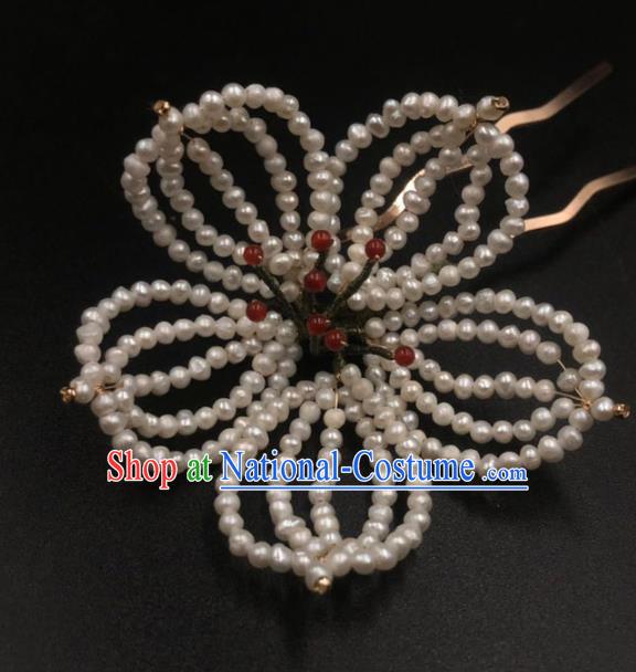 China Ancient Princess Pearls Lotus Hairpin Traditional Ming Dynasty Palace Hanfu Hair Stick