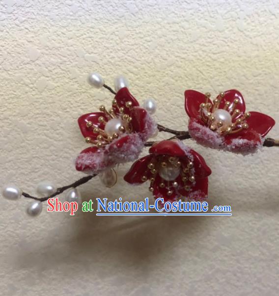 China Ancient Princess Red Plum Blossom Hairpin Traditional Ming Dynasty Pearls Hair Stick