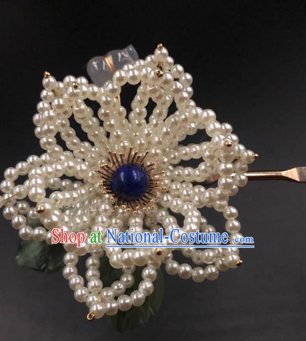 China Ancient Princess Pearls Peony Hairpin Traditional Ming Dynasty Lapis Hair Stick