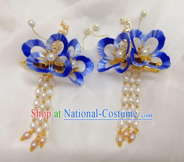 China Ming Dynasty Blue Silk Flower Hairpin Traditional Hanfu Hair Accessories Ancient Princess Pearls Tassel Hair Sticks