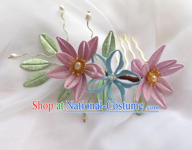 China Ming Dynasty Pink Silk Flowers Hairpin Traditional Hanfu Hair Accessories Ancient Princess Pearls Hair Comb